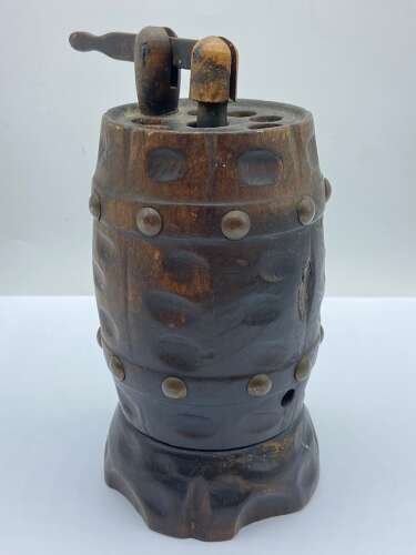 Antique Carved Oak & Brass Studded Barrel Cigarette Dispenser