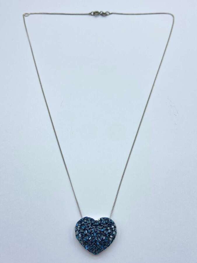 Beautiful Vintage Sterling Silver Blue Diamond Pave Heart Necklace