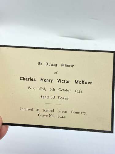 Antique Mourning Gothic Funeral Card To Charles McKoen Who Died In 1934