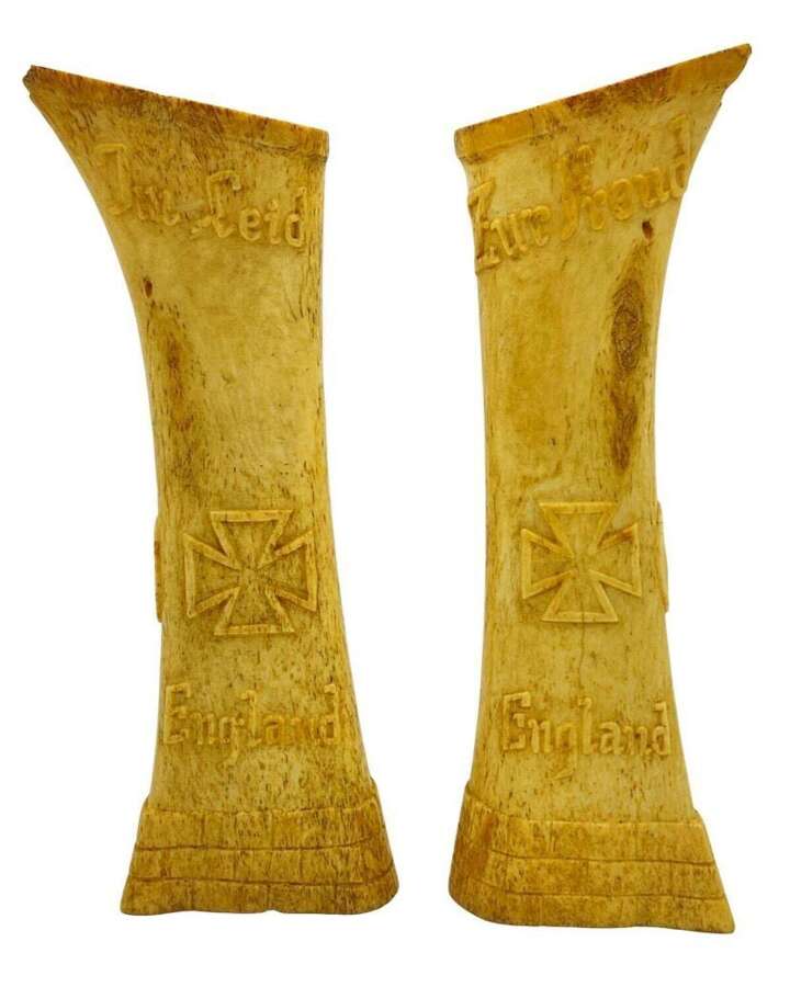 WW1 1916 Dated German &ldquo;Im Leid Zur Freud&rdquo; Prisoner Of War Ox Bone Carvings