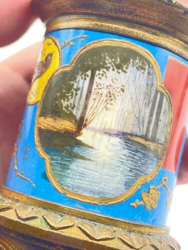 Antique 18th Century Bilston Enamel Natural Scenic & Gilt Bronze Small Vase