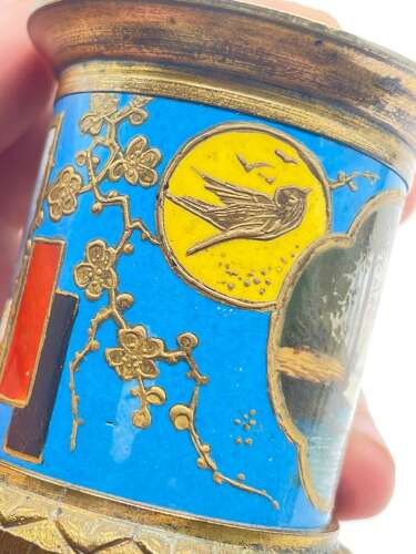 Antique 18th Century Bilston Enamel Natural Scenic & Gilt Bronze Small Vase