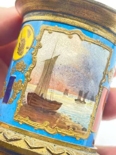 Antique 18th Century Bilston Enamel Natural Scenic & Gilt Bronze Small Vase