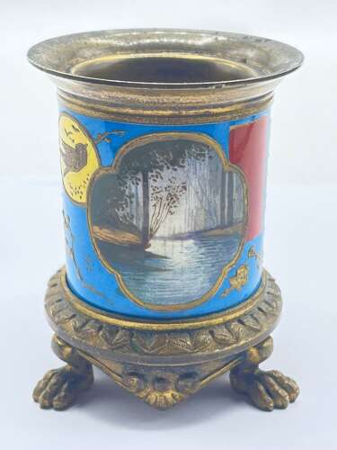 Antique 18th Century Bilston Enamel Natural Scenic & Gilt Bronze Small Vase