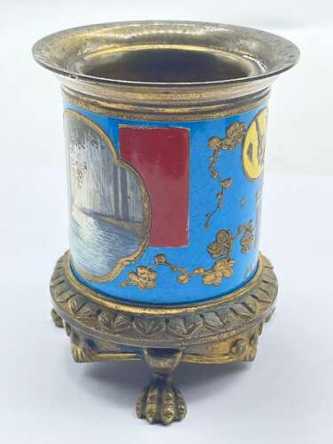 Antique 18th Century Bilston Enamel Natural Scenic & Gilt Bronze Small Vase