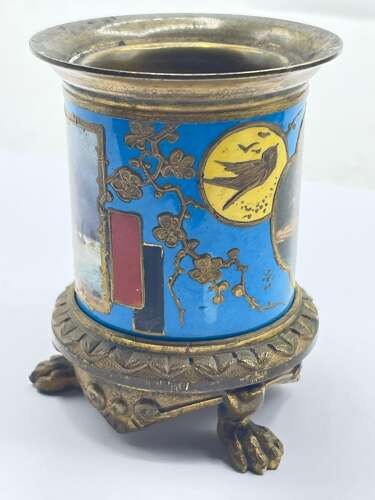 Antique 18th Century Bilston Enamel Natural Scenic & Gilt Bronze Small Vase