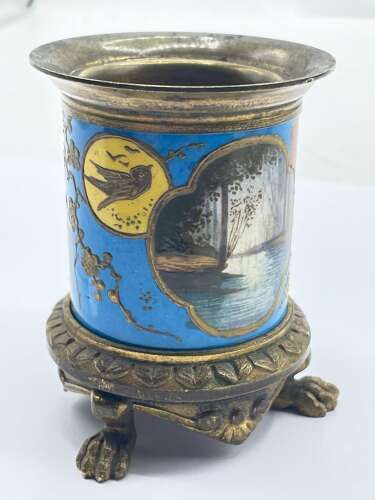 Antique 18th Century Bilston Enamel Natural Scenic & Gilt Bronze Small Vase