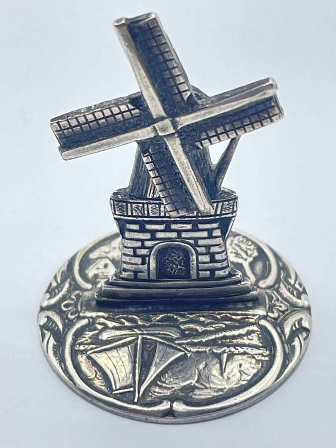 Antique 19th Century Dutch Sterling Silver Miniature Windmill With Sailboats