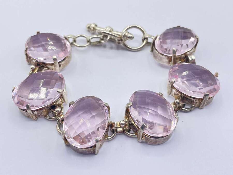 Beautiful Vintage Chunky Sterling Silver & Faceted Rose Quartz Bracelet