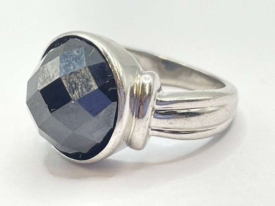 Beautiful Vintage Chunky Sterling Silver & Faceted Onyx Ring Size M