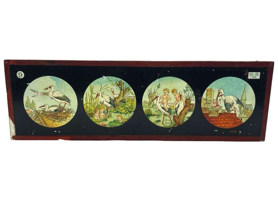 Antique 1880s Victorian A Stork Delivering A Baby Magic Lantern Slide