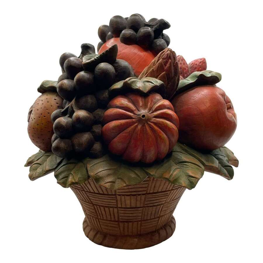 Antique/ Vintage French Large Carved Wooden & Hand Painted Fruit Bowl And Fruit