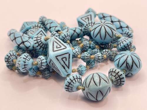 Antique Turquoise Glass Czech Max Neiger Pressed Beaded Necklace (Auschwitz)