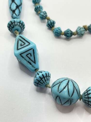 Antique Turquoise Glass Czech Max Neiger Pressed Beaded Necklace (Auschwitz)