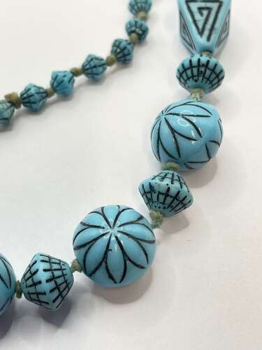 Antique Turquoise Glass Czech Max Neiger Pressed Beaded Necklace (Auschwitz)