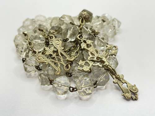 Beautiful Antique White Metal & Faceted Rock Crystal Rosary Beads & Crucifix