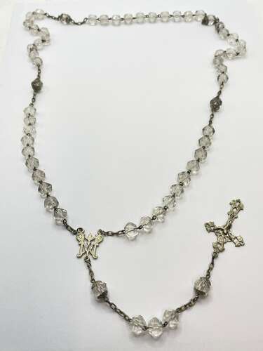 Beautiful Antique White Metal & Faceted Rock Crystal Rosary Beads & Crucifix