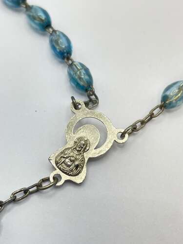 Beautiful Vintage Silver Tone White Metal & Blue Plastic Rosary Beads & Crucifix