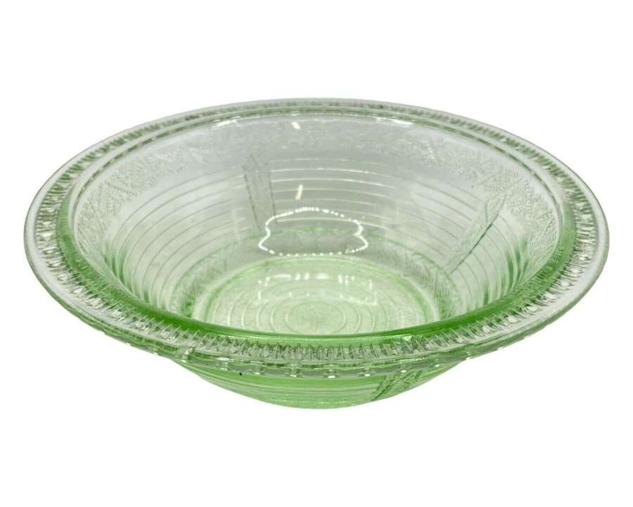Beautiful Vintage 1940s Pressed Green Glass Decorative Fruit Bowl