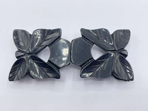 Beautiful Antique Whitby Jet Carved Mourning Leaf Belt Buckles