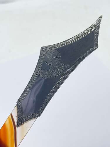 Antique Sterling Silver & Banded Agate Page Turner Engraved With Cockerel