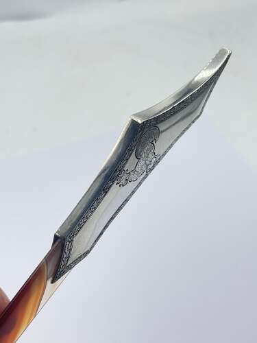 Antique Sterling Silver & Banded Agate Page Turner Engraved With Cockerel