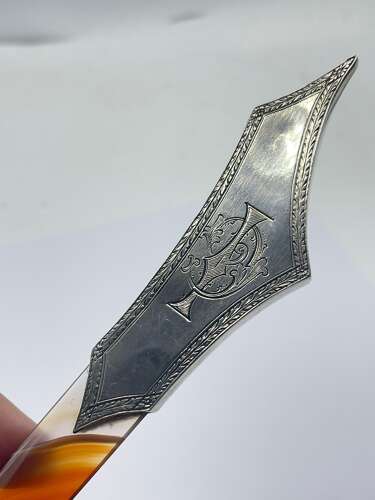 Antique Sterling Silver & Banded Agate Page Turner Engraved With Cockerel