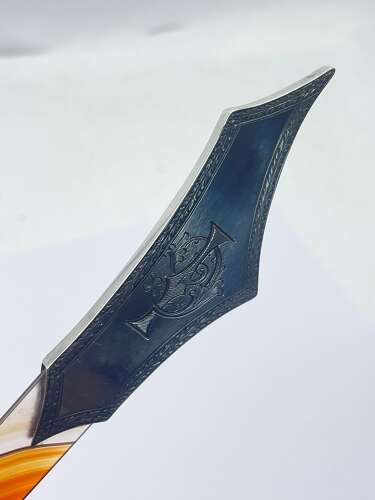 Antique Sterling Silver & Banded Agate Page Turner Engraved With Cockerel