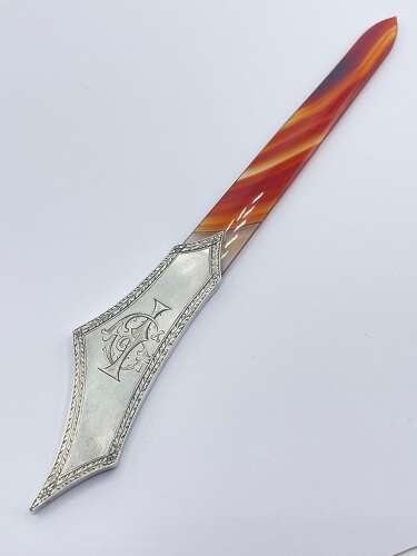 Antique Sterling Silver & Banded Agate Page Turner Engraved With Cockerel