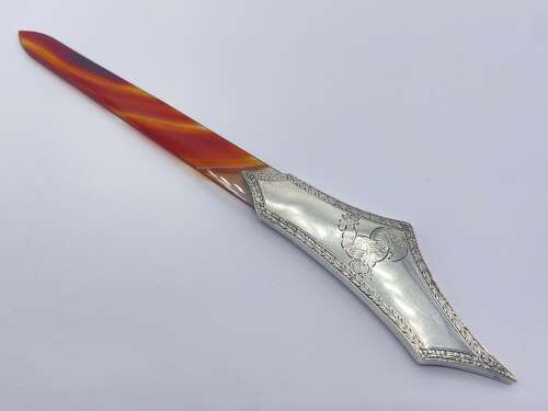 Antique Sterling Silver & Banded Agate Page Turner Engraved With Cockerel