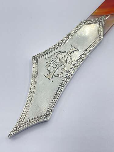 Antique Sterling Silver & Banded Agate Page Turner Engraved With Cockerel