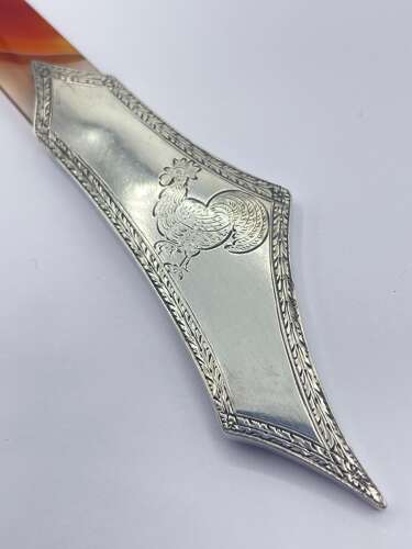 Antique Sterling Silver & Banded Agate Page Turner Engraved With Cockerel