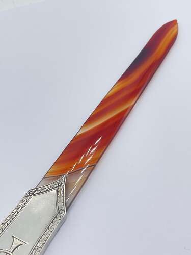Antique Sterling Silver & Banded Agate Page Turner Engraved With Cockerel