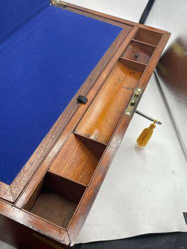 Antique Victorian Brass & Mahogany Writing Slope With Secret Draws & Locking Key