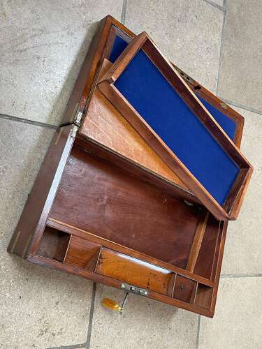 Antique Victorian Brass & Mahogany Writing Slope With Secret Draws & Locking Key