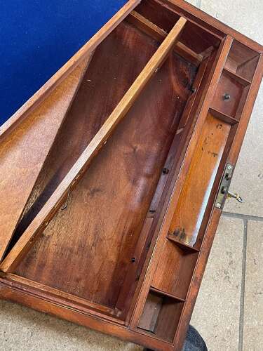 Antique Victorian Brass & Mahogany Writing Slope With Secret Draws & Locking Key