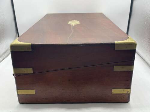 Antique Victorian Brass & Mahogany Writing Slope With Secret Draws & Locking Key