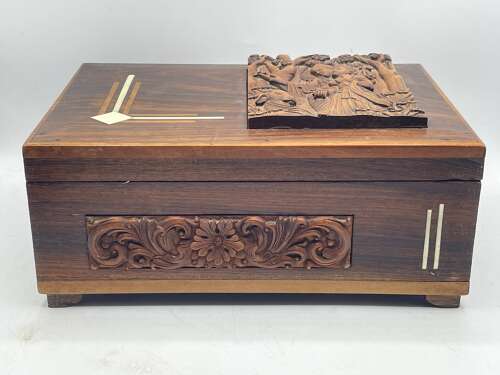Antique Radha Krishna Vrindavan Coromandel & Carved Teakwood Jewellery Box