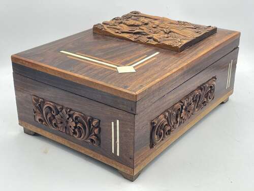 Antique Radha Krishna Vrindavan Coromandel & Carved Teakwood Jewellery Box