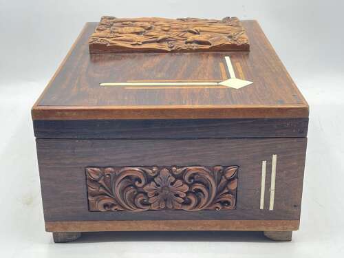 Antique Radha Krishna Vrindavan Coromandel & Carved Teakwood Jewellery Box