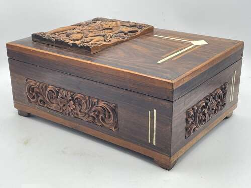 Antique Radha Krishna Vrindavan Coromandel & Carved Teakwood Jewellery Box