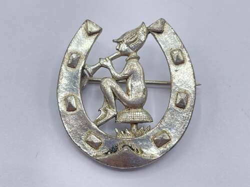 Antique Lucky Pixie Sitting On Toad Stall Lucky Horseshoe White Metal Brooch
