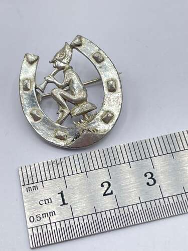 Antique Lucky Pixie Sitting On Toad Stall Lucky Horseshoe White Metal Brooch