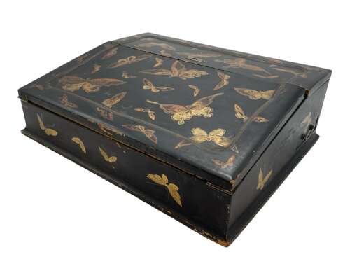 Antique 1880s Chinese Black Lacquered Gilt Moth/ Butterfly Writing Slope
