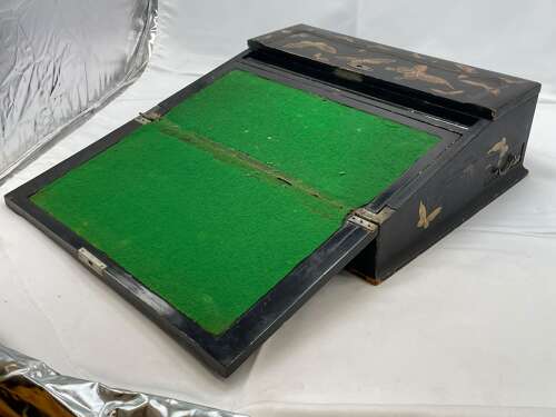 Antique 1880s Chinese Black Lacquered Gilt Moth/ Butterfly Writing Slope