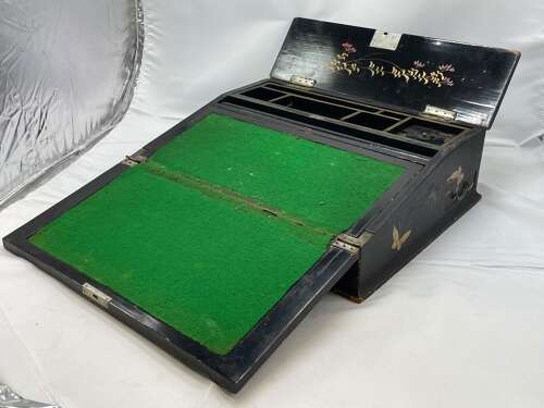 Antique 1880s Chinese Black Lacquered Gilt Moth/ Butterfly Writing Slope