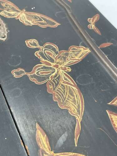 Antique 1880s Chinese Black Lacquered Gilt Moth/ Butterfly Writing Slope