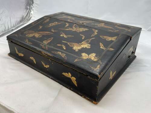 Antique 1880s Chinese Black Lacquered Gilt Moth/ Butterfly Writing Slope