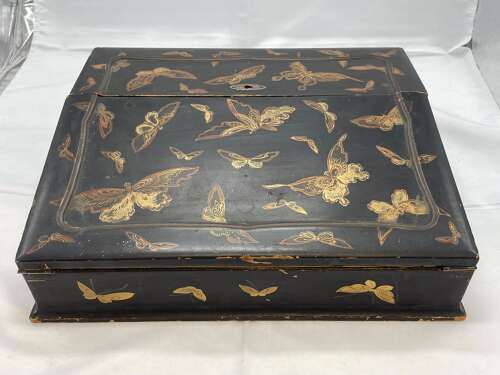 Antique 1880s Chinese Black Lacquered Gilt Moth/ Butterfly Writing Slope