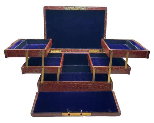 Antique Victorian Crocodile Skin & Brass Three Tier Velvet Lined Jewellery Box